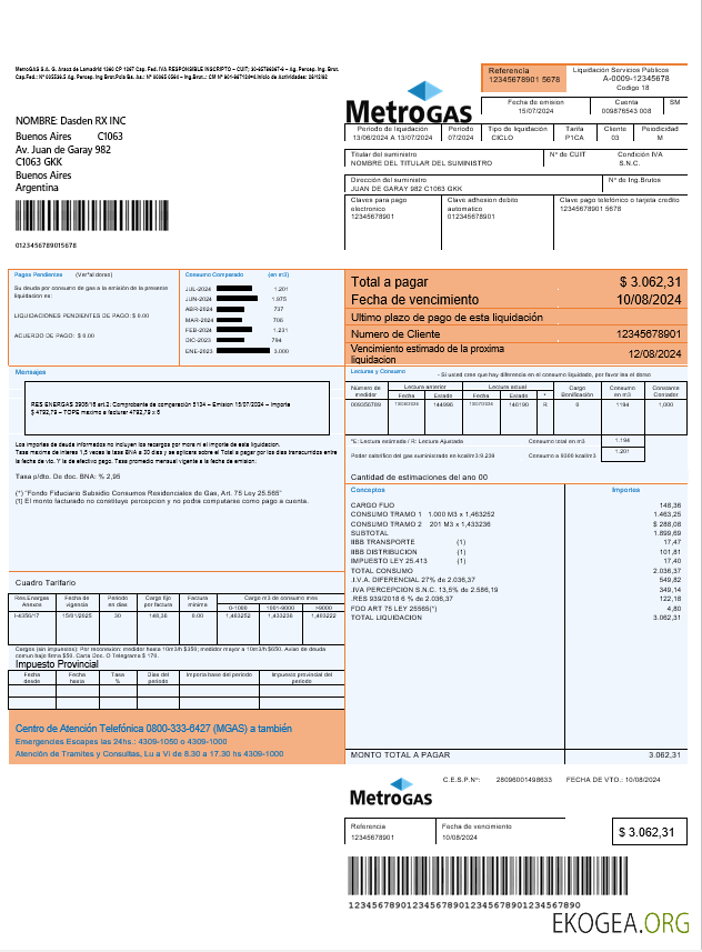 Argentine Metrogas modèle de facture de services publics facile à remplir au format Word et PDF